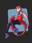  akilae06 anthro bottomwear clothed clothing dinosaur dromaeosaurid feathered_tail feathers footwear goodbye_volcano_high hair headphones headphones_around_neck hi_res long_tail male pants pink_body pink_hair purple_eyes reed_(gvh) reptile scalie shirt shoes simple_background snout solo tail tail_feathers tank_top theropod topwear torn_bottomwear torn_clothing torn_pants velociraptor 