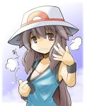  1girl black_wristband bra breasts brown_eyes brown_hair cleavage clothes_pull collarbone fanning_self hair_between_eyes hand_up hat hot leaf_(pokemon) long_hair motion_lines pokemon pokemon_(game) pokemon_frlg polka_dot polka_dot_bra pulled_by_self rascal shirt_pull solo sweat underwear white_headwear 