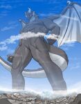  abs absurd_res anthro city destruction dragon hi_res landscape_dwarfing macro male micro mountain muscular muscular_anthro muscular_male nekojyaras77 solo 