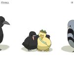  ^_^ bag bird bottle_cap closed_eyes crow diva_(hyxpk) duck duckling english_text frog_headband hat highres no_humans numbered original over_shoulder pigeon simple_background sweatdrop white_background 