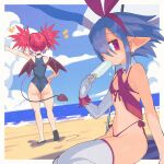  2girls arm_support arm_up ass bare_shoulders beach bikini black_choker black_footwear blue_hair blue_one-piece_swimsuit border bow choker cloud cloudy_sky day demon_tail demon_wings detached_collar disgaea dutch_angle earrings eating elbow_gloves etna_(disgaea) faux_traditional_media feet_out_of_frame flat_chest food from_behind full_body gloves groin hair_bow hair_over_one_eye hairband hand_on_own_hip hand_up highleg highleg_bikini highres holding holding_food holding_popsicle index_finger_raised inkerton-kun jewelry long_hair looking_at_viewer medium_hair multiple_girls navel necktie one-piece_swimsuit one_eye_covered outdoors outside_border pearl_earrings pleinair pointing pointing_forward pointy_ears popsicle purple_tail purple_wings red_bikini red_bow red_eyes red_hair red_hairband red_necktie sandals side-tie_bikini_bottom sidelocks single_glove single_wrist_cuff sitting skindentation sky straight_hair swimsuit tail thighhighs twintails white_border white_thighhighs wings wrist_cuffs 