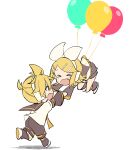  &gt;_&lt; &gt;o&lt; arm_grab balloon blonde_hair bow closed_eyes detached_sleeves fang floating grabbing_another&#039;s_arm hair_bow hair_ornament hairclip headphones highres kagamine_len kagamine_rin m0ti open_mouth sailor_collar short_hair shorts simple_background skirt vocaloid white_background 