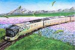  absurdres clear_sky colored_pencil_(medium) east_japan_railway_company falling_leaves field flower flower_field grass ground_vehicle highres japan_railways leaf mountain mountainous_horizon railroad_tracks sky traditional_media train train_suite_shiki-shima user_unzx4587 vehicle_focus 