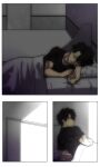  1boy bed black_hair black_shirt blanket blue_eyes closed_mouth fate/grand_order fate_(series) fujimaru_ritsuka_(male) highres lazyartlazy12 open_mouth pillow shirt sleeping sliding_doors 