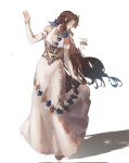  1girl aerith_gainsborough aerith_gainsborough_(prism_dress) blue_flower blue_ribbon blue_rose brown_hair chinese_commentary commentary detached_sleeves dress final_fantasy final_fantasy_vii final_fantasy_vii_ever_crisis flower flower_dress hair_ribbon highres kojimarie long_dress long_hair looking_to_the_side official_alternate_costume parted_bangs ribbon rose shadow sidelocks simple_background solo standing walking wavy_hair white_background white_dress 