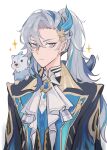  1boy alternate_hairstyle animal animal_ears animal_nose ascot black_eyes black_jacket blue_eyeshadow blue_fur blue_gemstone blue_hair blue_vest buttons closed_mouth cloudydango collared_jacket eyeshadow feather_hair_ornament feathers gem genshin_impact gold_trim grey_hair hair_between_eyes hair_ornament highres jacket leisurely_otter_(genshin_impact) long_hair long_sleeves looking_at_viewer makeup mandarin_collar multicolored_hair neuvillette_(genshin_impact) open_clothes open_jacket otter otter_ears otter_tail pointy_ears ponytail purple_eyes shirt simple_background smile standing star_(symbol) tail two-tone_fur two-tone_hair v-shaped_eyebrows vest white_ascot white_background white_shirt wing_collar 