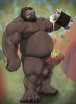  absurd_res alcohol anthro bear beer belly beverage bodily_fluids drooling hi_res male male/male mammal muscular_arms nipple_piercing nipples overweight overweight_anthro overweight_male piercing pouring_alcohol pouring_tea saliva solo torushitakara 