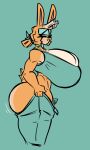  anthro antlers big_breasts big_butt bottomwear breasts butt clothing female freckles fur hair hazel_(shewiff) hi_res horn huge_breasts huge_butt huge_hips huge_thighs humanoid jackalope lagomorph looking_at_viewer mammal orange_body orange_fur pants ponytail resting_bitch_face shewiff solo thick_thighs tight_clothing wide_hips 