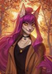 anthro artist_name black_choker black_clothing black_jewelry black_necklace black_topwear blurred_background brown_clothing brown_jacket brown_topwear choker clothed clothing eyelashes felid female front_view fur glistening glistening_eyes hair half-length_portrait hi_res inner_ear_fluff jacket jewelry looking_at_viewer mammal marie_merkh necklace orange_eyes pink_hair portrait signature smile solo tan_body tan_fur tan_inner_ear_fluff topwear tuft 