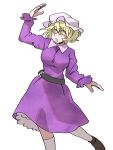  1girl absurdres belt black_footwear blonde_hair breasts commentary dress eddybird55555 hat highres long_sleeves looking_to_the_side maribel_hearn mob_cap open_mouth purple_dress ringed_eyes short_hair simple_background socks solo touhou white_background white_headwear white_socks yellow_eyes 