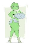  2023 absurd_res amphibian anthro big_breasts breasts cleavage clothed clothing female footwear frog green_body hi_res high_heels huge_breasts looking_at_viewer midriff simple_background solo standing thick_thighs usnarbit 