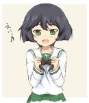  1girl :d black_hair black_neckerchief blunt_ends blush bob_cut border breasts brown_background commentary cropped_legs girls_und_panzer green_eyes green_skirt hair_between_eyes holding holding_neckerchief long_sleeves looking_at_viewer ma-2_(konkon_kitakitsune) musical_note neckerchief ooarai_school_uniform open_mouth outside_border pleated_skirt sailor_collar school_uniform serafuku shirt short_hair simple_background skirt small_breasts smile solo spoken_musical_note standing straight-on thick_eyebrows translated upper_body utsugi_yuuki w_arms white_border white_sailor_collar white_shirt 