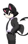  anthro belt black_body black_fur black_hair bottomwear canid canine canis clothing crow_(thedeathcrow) eyewear fur gloves hair handwear hi_res male mammal necktie pants shirt simple_background solo spade_tail suit sunglasses tail thedeathcrow05 topwear white_background white_body wolf 