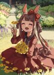  1girl ^_^ animal_ears bow brown_hair bush closed_eyes collared_dress dandelion day dress ear_bow facing_viewer flower garden grass grey_necktie hair_rings hand_up highres holding holding_flower horse_ears igafujino kneeling light_blush long_hair long_sleeves necktie open_mouth outdoors red_dress short_necktie smile solo sweep_tosho_(umamusume) twintails umamusume w 