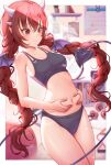  1girl absurdres black_bra black_panties bra braid breasts brown_eyes demon_girl demon_tail demon_wings embarrassed highres horns long_hair medium_breasts navel original panties red_hair romi_dajung solo sports_bra sports_panties tail twin_braids underwear very_long_hair wings 