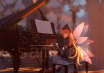  1girl black_dress black_headwear blonde_hair bow capelet dress fairy_wings furahata_gen grand_piano hat hat_bow instrument lily_black lily_white long_hair looking_at_viewer music overgrown piano plant playing_instrument red_bow red_footwear sample_watermark sheet_music smile socks solo touhou turning_around very_long_hair vines white_socks wide_shot wings wrist_cuffs yellow_eyes 