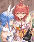  2girls :d ahoge alcohol animal_ear_fluff animal_ears bare_shoulders beer bell black_gloves blue_hair bottle braid breasts chips_(food) closed_eyes commentary detached_sleeves don-chan_(usada_pekora) extra_ears facing_another food gloves green_eyes hair_bell hair_between_eyes hair_ornament highres hololive indoors jingle_bell large_breasts looking_at_another medium_breasts microphone mouse_(computer) multicolored_hair multiple_girls nontraditional_miko one_side_up open_mouth potato_chips puffy_detached_sleeves puffy_sleeves rabbit_ears rabbit_girl red_hair sakura_miko sakura_miko_(1st_costume) shirokuma_1231 smile two-tone_hair usada_pekora usada_pekora_(1st_costume) virtual_youtuber white_hair x_hair_ornament 