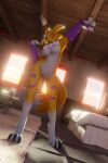  3:2 3d_(artwork) absurd_res anthro areola bandai_namco bed breasts canid canine chest_tuft claws curved_tail digimon digimon_(species) digital_media_(artwork) exposed_breasts eyes_closed female fever-dreamer fox fur furniture hi_res inside kespr mammal mane mostly_nude mostly_nude_female multicolored_body multicolored_fur nipples renamon ruff solo standing stretching tuft white_body white_fur yellow_body yellow_fur 