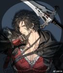  1boy bara black_cloak black_hair blue_eyes breast_mousepad clive_rosfield cloak earrings facial_hair fan_mu_zhang final_fantasy final_fantasy_xvi jewelry male_focus messy_hair metal_gloves parted_lips pectorals red_vest sample_watermark scar scar_on_cheek scar_on_face shirt short_hair single_earring solo stubble sword textless_version torn_clothes upper_body vest weapon white_shirt wiping_mouth 