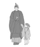  1boy 1other aged_down akimitsu-dono branch fate/grand_order fate_(series) fujiwara_no_michinaga_(fate) full_body greyscale happy heian highres holding holding_branch holding_hands japanese_clothes kimono male_focus monochrome multiple_boys short_hair traditional_clothes uatwf681 unkempt walking white_background 