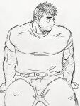  1boy bara billy_russell_(dickfish) dickfish_(fishismdick) facial_hair feet_out_of_frame graphite_(medium) hairy highres large_pectorals looking_to_the_side male_focus mature_male muscular muscular_male mustache original pectorals profile short_hair sideburns sitting sketch solo thick_eyebrows thick_thighs thighs traditional_media 