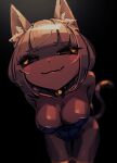  1girl :3 allen_(makaroll) animal_collar animal_ear_fluff animal_ears bare_shoulders bell bent_over black_background black_eyes blue_choker blue_leotard blunt_bangs blurry blush breasts brown_hair cat_ears cat_girl cat_tail chaser_(phantom_rose) choker cleavage closed_mouth collar colored_sclera commentary cowboy_shot dark-skinned_female dark_skin depth_of_field fang jingle_bell large_breasts leotard looking_at_viewer neck_bell no_pupils phantom_rose short_hair sidelocks simple_background skin_fang smile solo standing strapless strapless_leotard tail thigh_gap thighlet yellow_sclera 