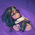  1girl bare_shoulders black_hair breasts forehead_protector gem green_eyes grimace_shake_(meme) hair_between_eyes in_water league_of_legends long_hair looking_up lying medium_breasts meme on_back phantom_ix_row scarf sivir solo white_scarf 