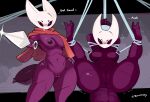  anthro anus areola arthropod biped bound breasts dialogue female genitals hi_res holding_object holding_weapon hollow_knight hornet_(hollow_knight) insect legs_up navel nipples non-mammal_breasts purple_body pussy solo team_cherry weapon white_body zinnick 