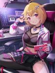  1girl ahoge black_shorts blonde_hair breasts cellphone collarbone computer holding holding_phone ibuki_tsubasa idolmaster idolmaster_million_live! jacket keyboard_(computer) looking_at_viewer medium_breasts monitor navel open_clothes open_jacket phone red_eyes short_hair short_shorts shorts smartphone smile solo tuna_picture v_over_eye 