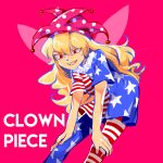  1girl american_flag_dress american_flag_legwear blonde_hair breasts character_name clownpiece english_text fairy_wings feet_out_of_frame hair_between_eyes hands_on_own_legs hat jester_cap leaning_forward long_hair mindoll neck_ruff one-hour_drawing_challenge open_mouth pantyhose pink_background pink_headwear polka_dot red_eyes sharp_teeth short_sleeves simple_background small_breasts solo teeth touhou wings 