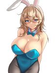  1girl alternate_costume animal_ears aqua_leotard bare_shoulders black_pantyhose blonde_hair blue_eyes blush breasts collarbone covered_navel cowboy_shot detached_collar fake_animal_ears hair_between_eyes hair_ornament hairclip highres kantai_collection large_breasts leotard looking_at_viewer medium_hair montemasa pantyhose playboy_bunny rabbit_ears simple_background smile solo strapless strapless_leotard tuscaloosa_(kancolle) white_background wrist_cuffs 