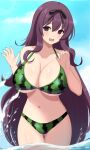  1girl ass_visible_through_thighs bikini black_ribbon blush breasts cleavage collarbone food_print hair_between_eyes hair_ribbon highres huge_breasts long_hair looking_at_viewer murasaki_(senran_kagura) navel open_mouth purple_eyes purple_hair ribbon senran_kagura sidelocks solo surippa1010 swimsuit thigh_gap thighs very_long_hair wading water watermelon_print 