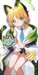  1girl absurdres animal_ear_headphones animal_ears black_panties blonde_hair blue_archive blue_bow blush bow cat_ear_headphones coat collared_shirt fake_animal_ears green_eyes hair_bow halo headphones highres hooded_coat looking_at_viewer midori_(blue_archive) nnmbpx open_clothes open_coat panties shirt short_hair short_sleeves simple_background sitting solo sweat tail underwear white_background white_coat white_shirt 