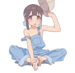  1girl bare_arms bare_shoulders barefoot baseball_cap blunt_bangs brown_eyes brown_hair butterfly_sitting collarbone commentary feet flat_chest full_body hand_on_own_foot hat highres holding holding_clothes holding_hat hozuki_momiji kuukyokurui light_blush looking_at_viewer multicolored_hair naked_overalls nipple_slip nipples onii-chan_wa_oshimai! open_mouth overalls short_hair short_ponytail sidelocks simple_background sitting solo strap_slip toes two-tone_hair white_background 