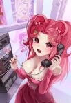  1girl animal_ears bare_shoulders bear_ears breasts cleavage commission corded_phone dress food-themed_hair_ornament hair_ornament highres hiroside holding holding_phone large_breasts long_hair looking_at_viewer open_mouth original payphone phone phone_booth pink_eyes pink_hair solo strapless strapless_dress strawberry_hair_ornament virtual_youtuber 
