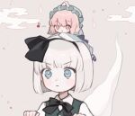  2girls black_bow black_bowtie black_hairband blue_headwear bow bowtie bright_pupils closed_mouth grey_background grey_eyes grey_hair hairband hat konpaku_youmu konpaku_youmu_(ghost) looking_at_viewer mob_cap multiple_girls musical_note pink_eyes pink_hair saigyouji_yuyuko short_hair simple_background smile touhou triangular_headpiece upper_body v-shaped_eyebrows white_pupils yujup 