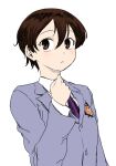  1girl blazer brown_eyes brown_hair closed_mouth fujioka_haruhi jacket long_sleeves looking_at_viewer necktie ouran_high_school_host_club ouran_high_school_uniform reverse_trap school_uniform shirt short_hair simple_background solo tsukudani_(coke-buta) white_background 