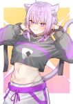  1girl :3 absurdres ahoge animal_ear_fluff animal_ears artist_request blush cat_ears cat_girl cat_tail commentary_request highres hololive jacket long_sleeves looking_at_viewer navel nekomata_okayu nekomata_okayu_(1st_costume) onigiri_print panties purple_eyes purple_hair solo stomach tail underwear virtual_youtuber white_panties 