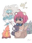  anthro armor bandai_namco blush campfire candy claws cooking dessert digimon digimon_(species) duo eyewear felid food fur goggles grin hair headgear helmet lion ludomon male mammal marshmallow mkz_dg pantherine pink_hair sharp_teeth sitting smile spadamon stitch_(sewing) teeth white_body white_fur 