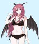  1girl arm_at_side bat_wings black_underwear bra breasts cleavage commentary_request cowboy_shot grey_background groin hand_up head_wings highres kashiwada_kiiho koakuma large_breasts light_smile long_hair looking_at_viewer navel panties parted_lips purple_hair red_eyes simple_background solo thigh_gap touhou underwear very_long_hair wings 