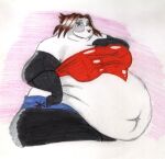  2006 anthro bear belly big_belly big_breasts black_body black_fur bottomwear breasts brown_hair clothing danellz deep_navel female fur giant_panda gillpanda_(character) hair huge_breasts huge_thighs mammal navel obese obese_anthro obese_female open_mouth overweight overweight_anthro overweight_female shorts solo thick_thighs topwear traditional_media_(artwork) white_body white_fur 