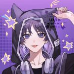  1boy alternate_costume animal_hood black_hood cat_hood earrings genshin_impact hair_between_eyes hair_ornament hairclip headphones headphones_around_neck highres hood hood_up jewelry looking_at_viewer male_focus purple_background purple_eyes purple_hair scaramouche_(genshin_impact) short_hair smile solo tongue tongue_out unik0503 x_hair_ornament 