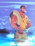  1boy absurdres alternate_costume baimeme bara beach beard bird black_hair dungeon_and_fighter facial_hair food food_in_mouth highres holding holding_innertube holding_towel ice_cream innertube large_pectorals lifeguard looking_at_viewer male_focus male_priest_(dungeon_and_fighter) mature_male muscular muscular_male pectoral_cleavage pectorals shirt short_hair sleeveless sleeveless_shirt smile solo tank_top thick_eyebrows towel wading whistle whistle_around_neck yellow_tank_top 