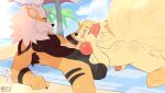  absurd_res animal_genitalia animal_penis anthro arcanine balls beach beach_towel beach_umbrella big_penis blonde_hair bodily_fluids bootyfeather butt canid canine_genitalia canine_penis day dripping duo erection eye_contact fluffy fluffy_tail generation_1_pokemon genital_fluids genitals hair hand_on_head handjob hi_res knot licking licking_lips looking_at_another lying male male/male mammal multi_tail ninetales nintendo nude on_front penile penis penis_grab penis_tip pokemon pokemon_(species) precum precum_drip reclining seaside sex sheath sky smile tail tongue tongue_out towel white_hair 
