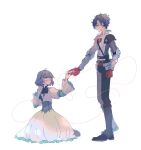  1boy 1girl armor black_hair boots clive_rosfield dress final_fantasy final_fantasy_xvi frilled_sleeves frills gloves grey_hair highres holding_hands jill_warrick kneeling looking_at_another nito red_gloves shoulder_armor smile tears 