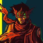  black_hair black_shirt blue_background crown emeraldcodex getter_emperor getter_rays getter_robo glowing_lines green_pupils jacket limited_palette nagare_ryoma open_clothes open_jacket possessed red_eyes red_scarf scarf shirt sideburns smirk 