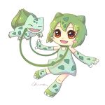  1girl blush_stickers brown_eyes bulbasaur chiuanzhang choker creature_and_personification fangs full_body gloves green_footwear green_gloves green_hair green_socks holding holding_pokemon open_mouth personification plant pokemon pokemon_(creature) signature simple_background socks teeth upper_teeth_only vines white_background 