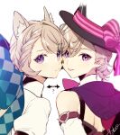  1boy 1girl :p ? aiwo_o_lite animal_ear_fluff animal_ears aqua_bow arrow_(symbol) artist_name black_headwear blonde_hair blunt_bangs blush bow braid brother_and_sister cat_ears cheek-to-cheek closed_mouth commentary_request detached_sleeves eyelashes facial_mark genshin_impact grey_hair hair_between_eyes hat hat_ribbon heads_together highres huge_bow long_sleeves looking_at_viewer looking_back lynette_(genshin_impact) lyney_(genshin_impact) parted_bangs purple_eyes red_ribbon ribbon shrug_(clothing) siblings signature simple_background single_braid star_(symbol) star_facial_mark striped striped_ribbon swept_bangs teardrop_facial_mark tongue tongue_out top_hat upper_body white_background 