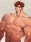  1boy abs bara embers frown goatee_stubble highres huge_eyebrows huge_pectorals long_sideburns looking_at_viewer male_focus muscular muscular_male mutton_chops navel navel_hair nipples original red_eyes red_hair short_hair sideburns sideburns_stubble solo stomach strongman_waist thick_eyebrows ttn_(239_239) 