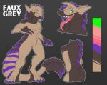  absurd_res anthro brown_body brown_fur claws faux_grey fluffy fluffy_tail fur green_eyes hi_res looking_at_viewer male milkypink model_sheet mohawk multicolored_body multicolored_fur purple_body purple_fur sergal solo standing tail teeth_showing tongue tongue_out 